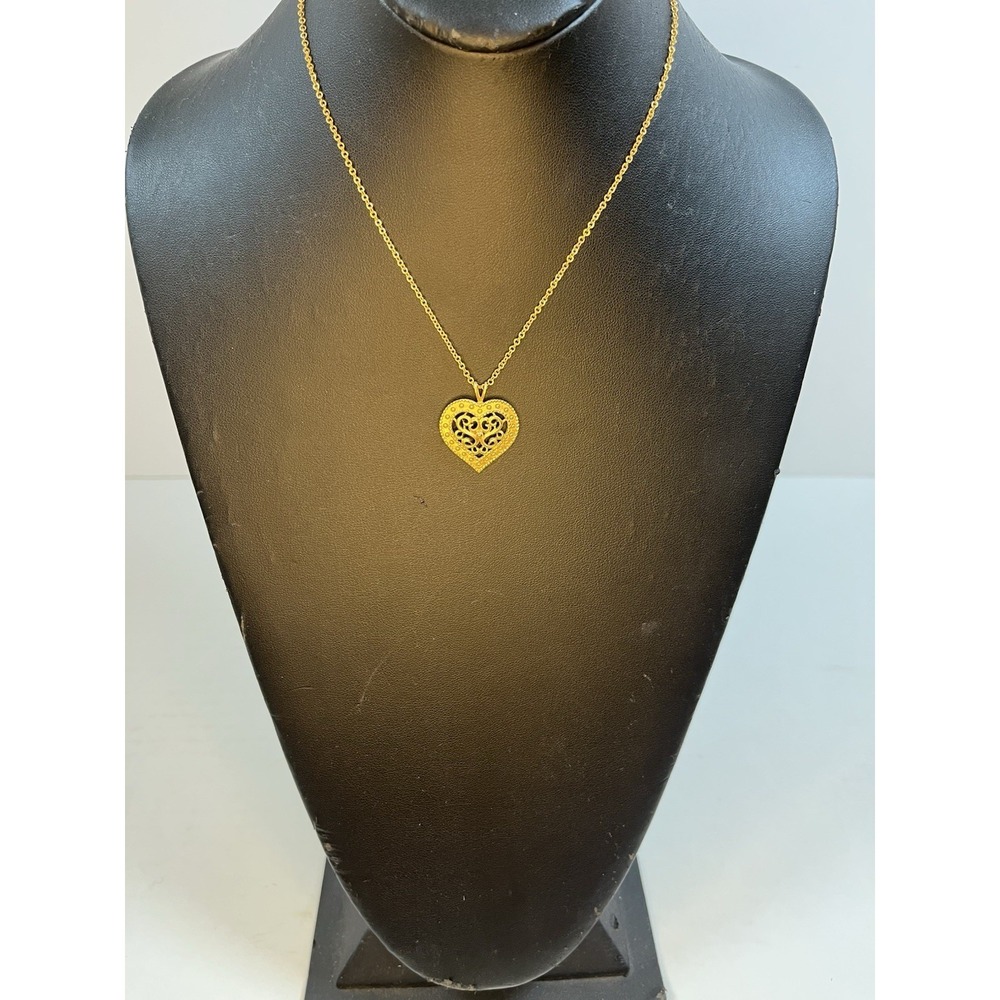 Vintage GoldTone Filigree Heart Pendant Necklace Cable Chain 8.5" Stamped